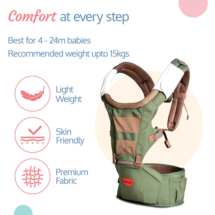 Smiling mother carrying a happy baby in a green Luvlap Royal Hip Seat Baby Carrier, designed for ergonomic comfort and support for both parent and child. Shows the baby facing forward. From uSmile.toys." www.usmile.toys